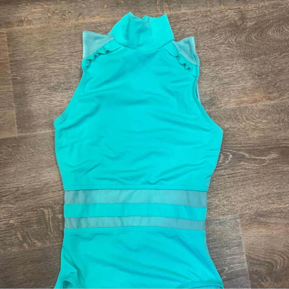 🩰 Balera Mock Neck Ruffle Detail Mesh Insert Leotard For Dance X Small Aqua 🩰 - Picture 3 of 11